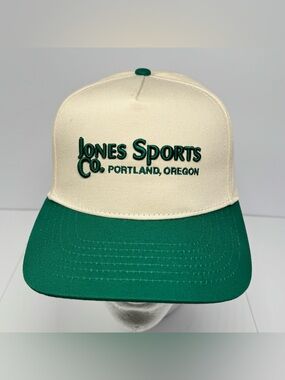 Jones Sports Co Portland Oregon Snapback Hat Cream Green Vintage Retro Style